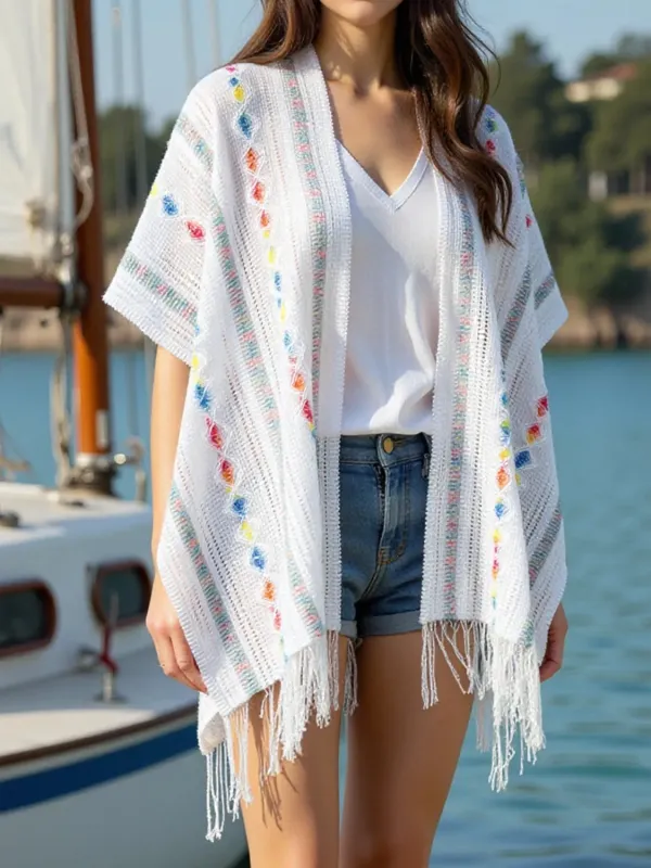 Openwork Fringe Open Front Knit Cape sold by Charming Charlie