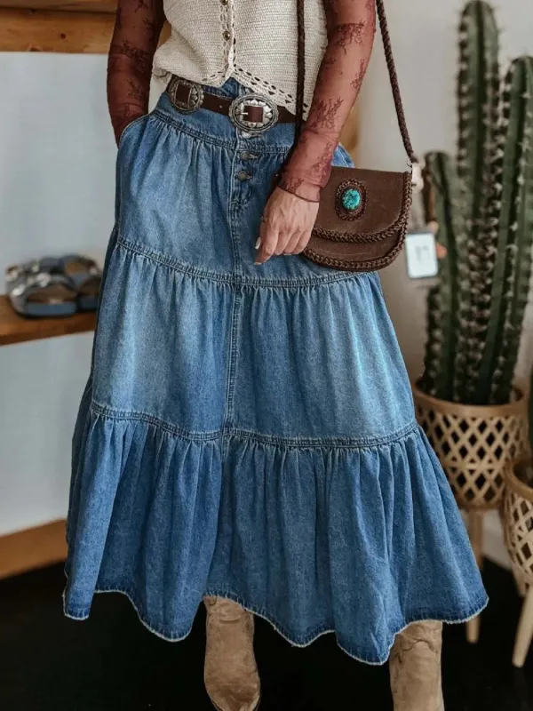 Ruched Button Fly Denim Skirt sold by Charming Charlie