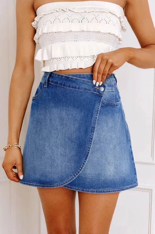 Wrapped Crossed Waist Denim Mini Skirt sold by Charming Charlie