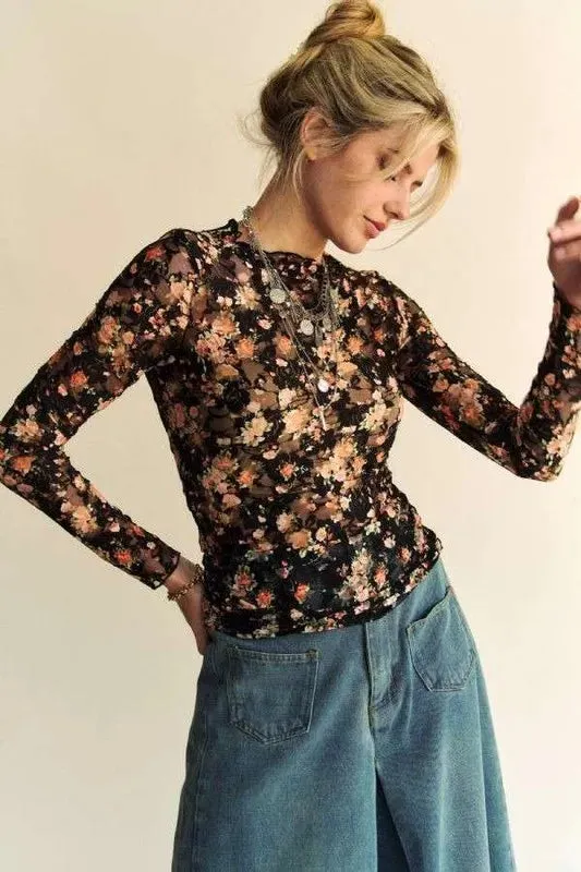 Davi & Dani Floral Print Mesh Long Sleeve Layering Top sold by Charming Charlie