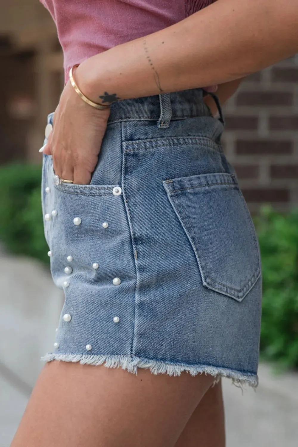 Pearl Beaded Raw Hem Wash Denim Shorts sold by Charming Charlie product image thumbnail 2