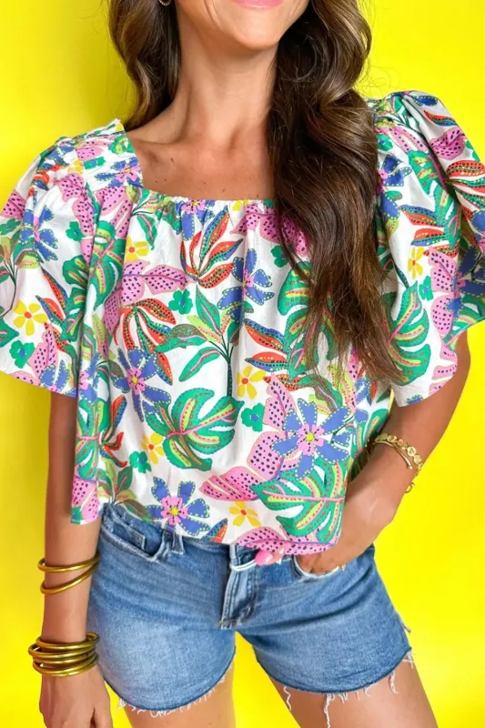 Plant Print Loose Fit Puff Sleeve Square Neck Blouse sold by Charming Charlie