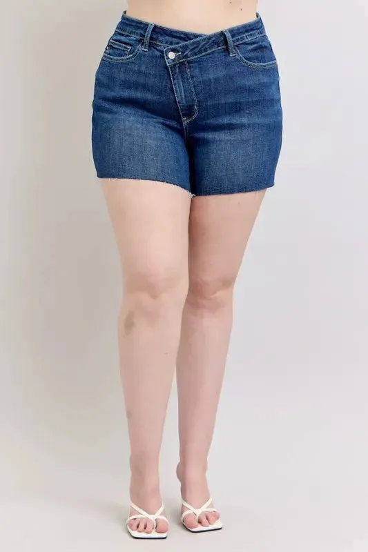 Judy Blue Plus Size High Waist Criss-Cross Waistband Denim Shorts sold by Charming Charlie