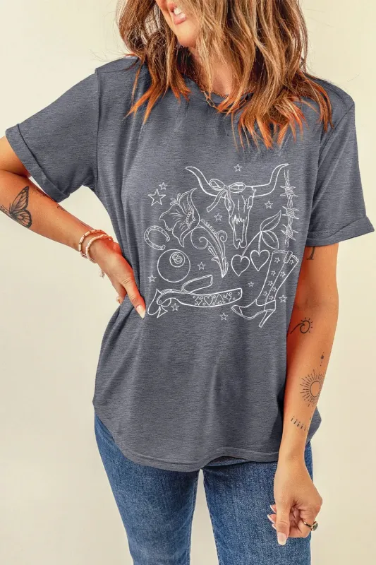 Cowgirl Boots OX Head Western Graphic Crewneck Tee sold by Charming Charlie