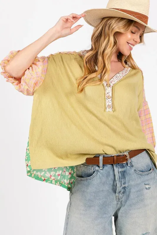 SAGE + FIG Plus Size Color Block Bubble Sleeve Top sold by Charming Charlie