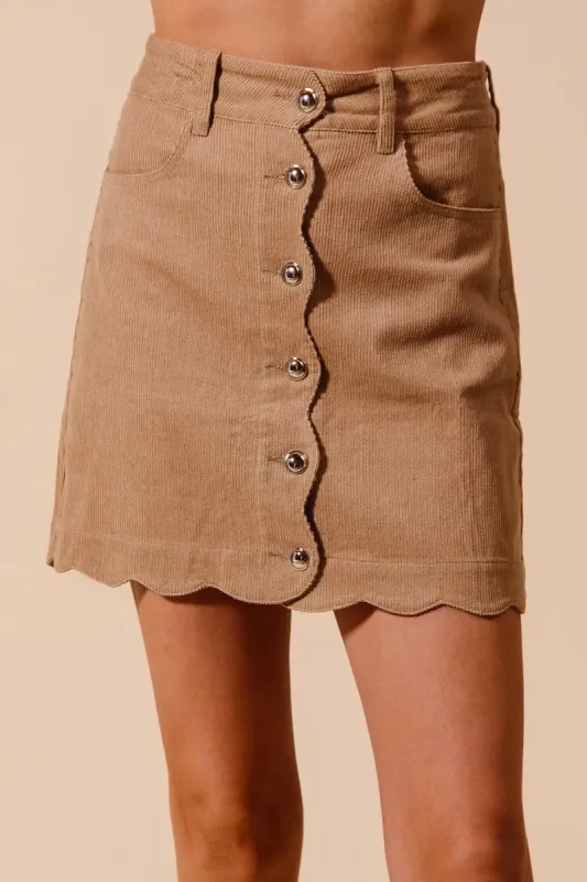 SO ME Scallop Buttoned Front Corduroy Mini Skirt sold by Charming Charlie