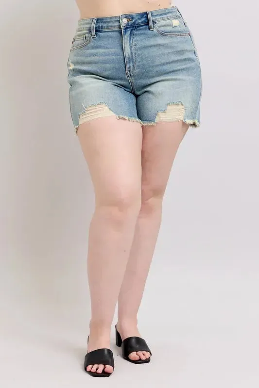 Judy Blue Plus Size High Rise Washed Fly Stitch Detail and Destroy Denim Shorts sold by Charming Charlie