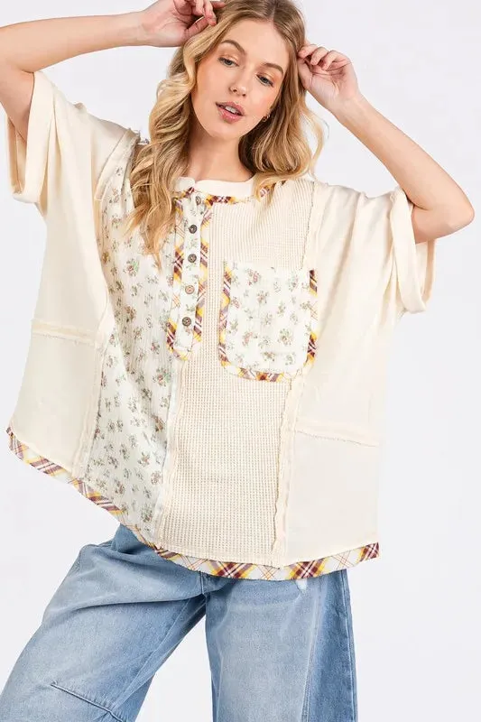 SAGE+FIG Half Button Floral Patchwork Top sold by Charming Charlie