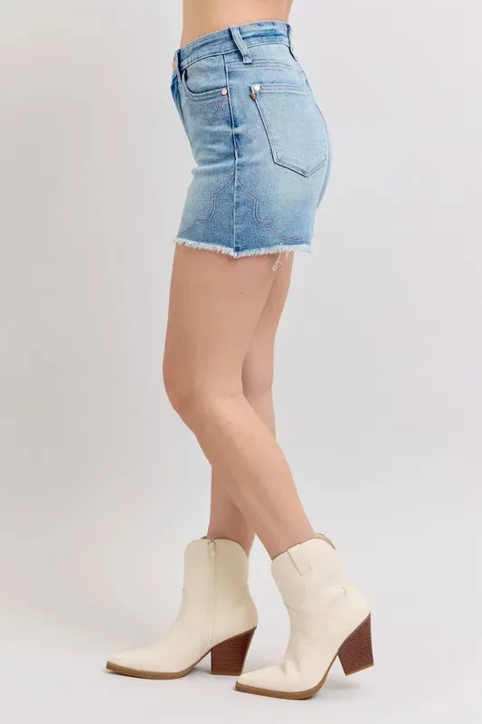 Judy Blue High Waist Western Embroidery Detail Cut Off Denim Shorts sold by Charming Charlie product image thumbnail 3