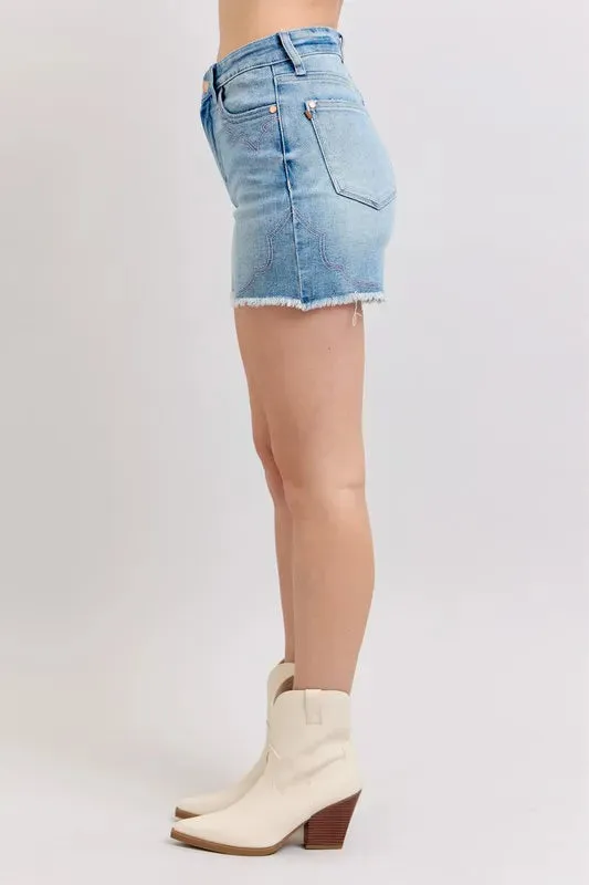 Judy Blue High Waist Western Embroidery Detail Cut Off Denim Shorts sold by Charming Charlie product image thumbnail 4