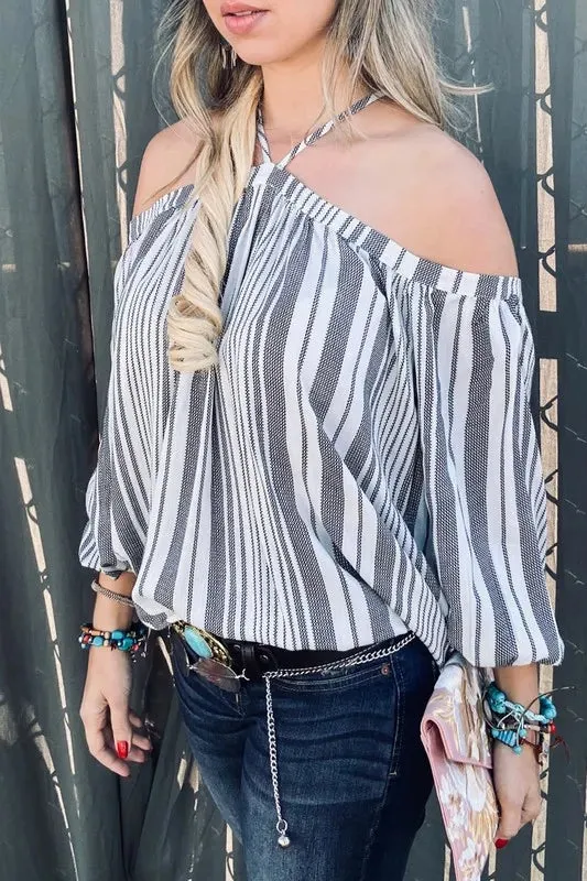 And The Why Stripe Printed Cold Shoulder Halter Neck Top sold by Charming Charlie product image thumbnail 4