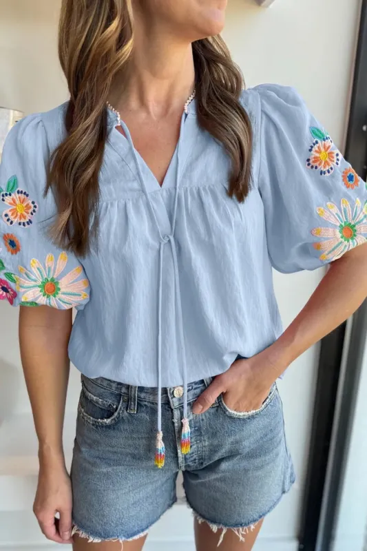 Embroidered Tie Neck Short Sleeve Blouse sold by Charming Charlie