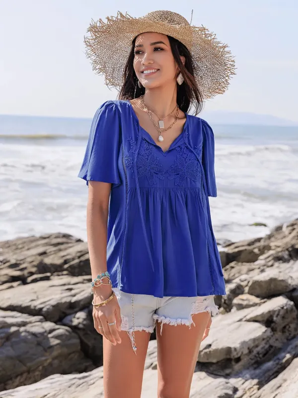 Lace Detail Tie Neck Short Sleeve Top sold by Charming Charlie