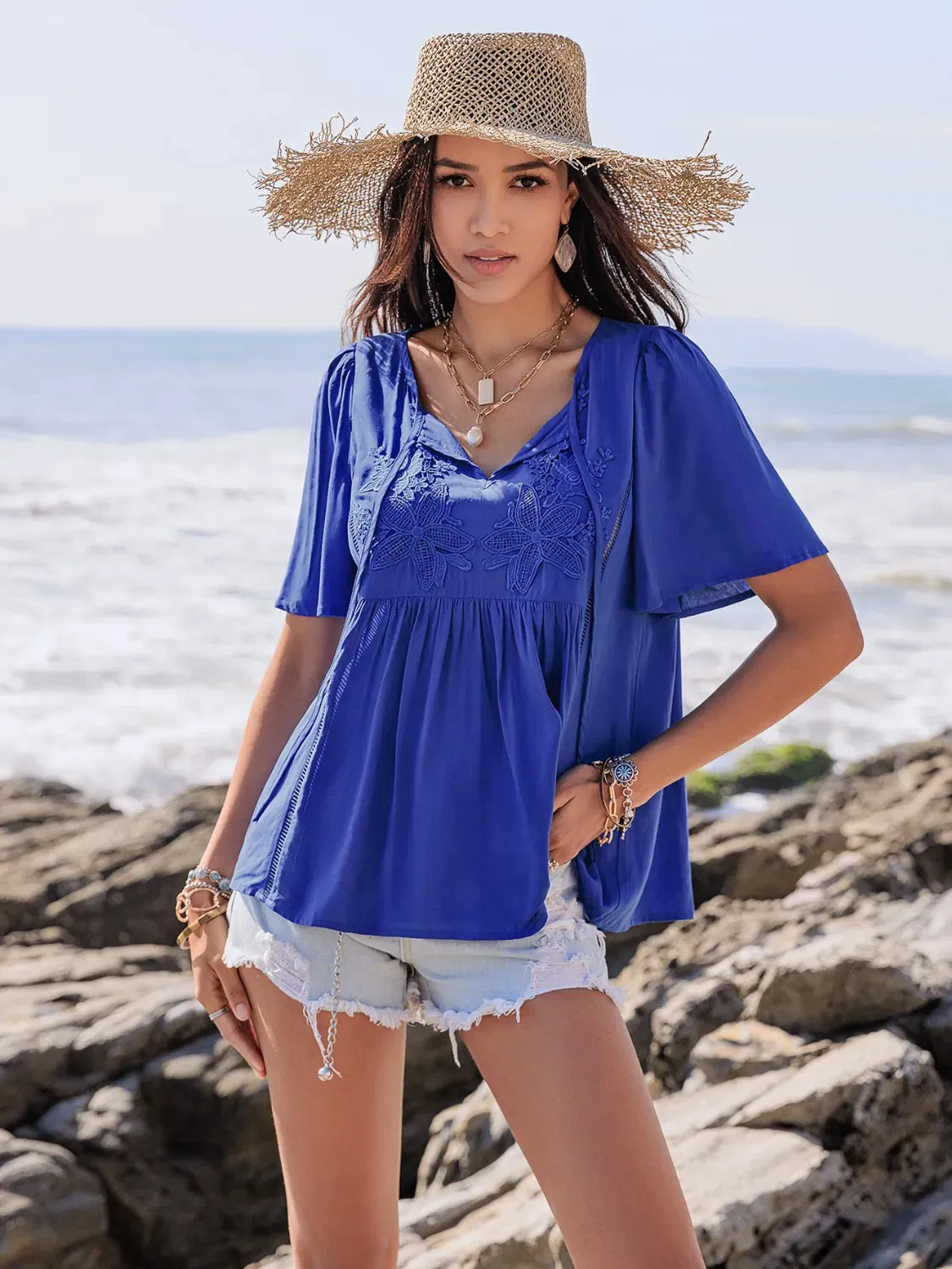 Lace Detail Tie Neck Short Sleeve Top sold by Charming Charlie product image thumbnail 2
