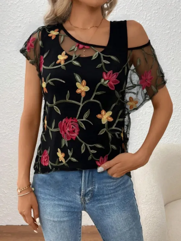 Floral Short Sleeve Sheer Top sold by Charming Charlie
