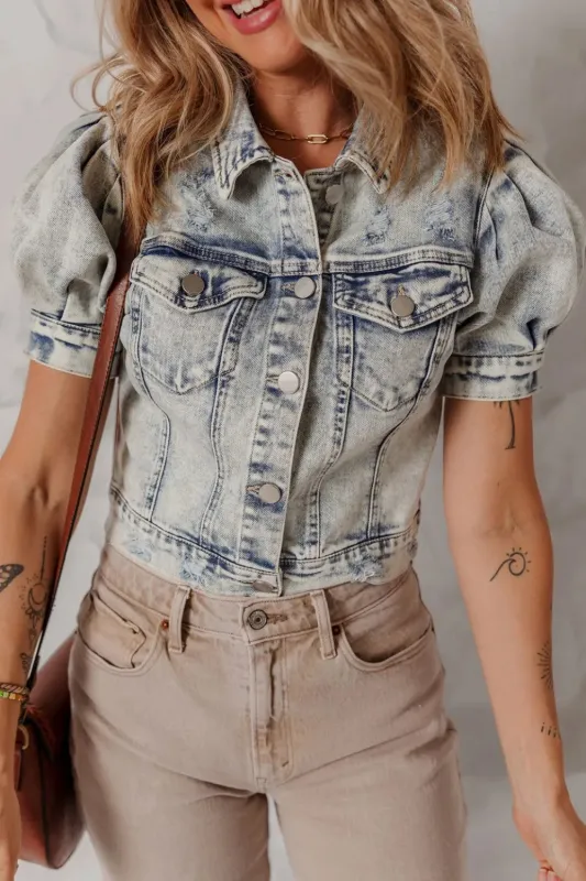 Wash Buttoned Chest Pocket Puff Sleeve Denim Jacket sold by Charming Charlie