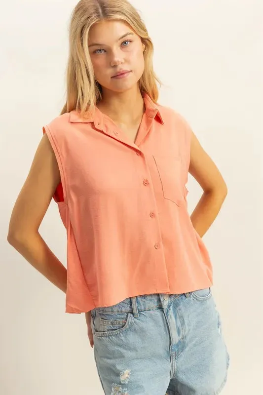 HYFVE Buttoned Front Sleeveless Collar Shirt sold by Charming Charlie