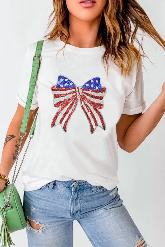 USA Flag Bow Knot Patched Crew Neck T Shirt sold by Charming Charlie