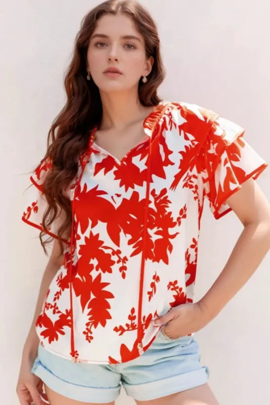 Plant Print Tiered Ruffled Sleeve Tie Neck Blouse sold by Charming Charlie