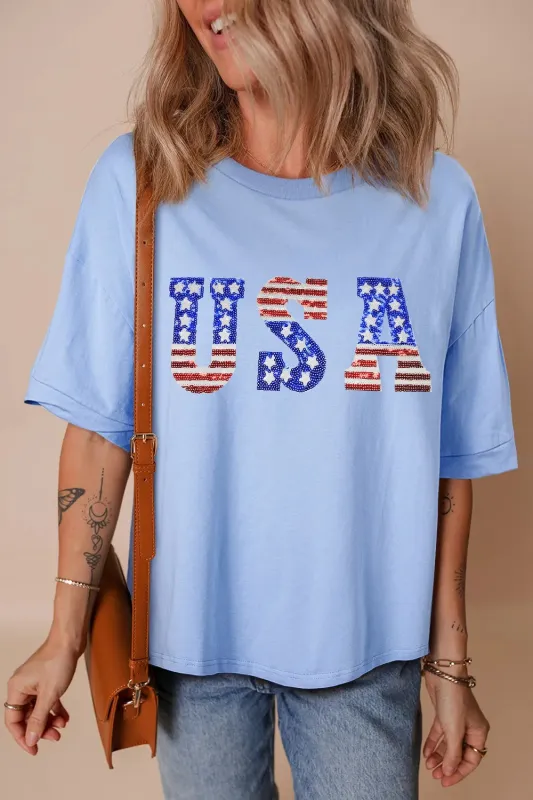 USA Patched Drop Sleeve Crewneck T Shirt sold by Charming Charlie