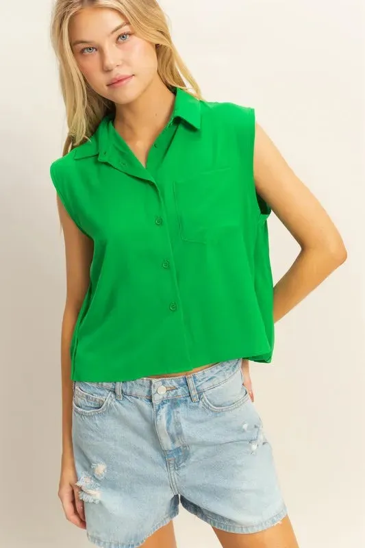 HYFVE Buttoned Front Sleeveless Collar Shirt sold by Charming Charlie