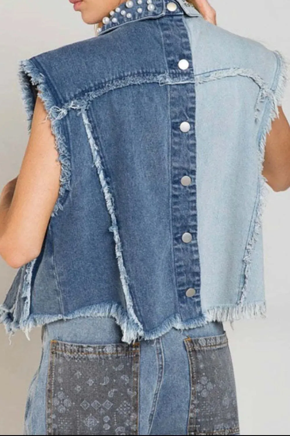 Pearl Detail Raw Hem Button Up Denim Vest sold by Charming Charlie product image thumbnail 3