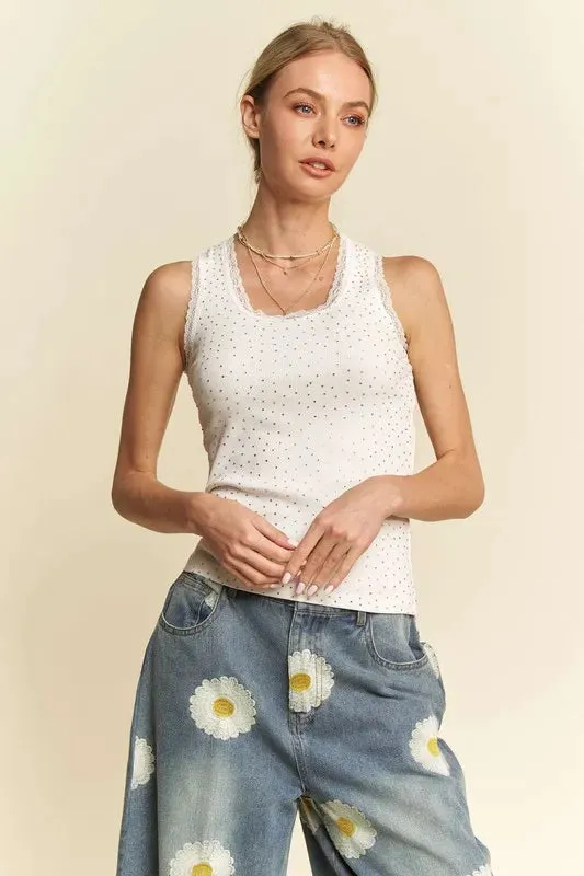 Davi & Dani Rhinestone Lace Trim Detail Tank sold by Charming Charlie