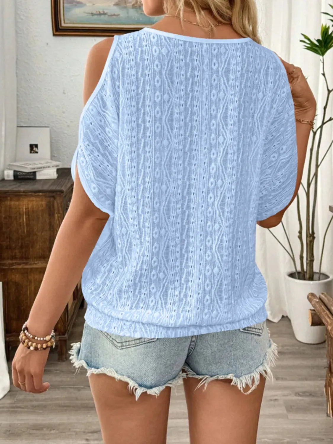 Eyelet Cold Shoulder Round Neck Blouse sold by Charming Charlie product image thumbnail 5