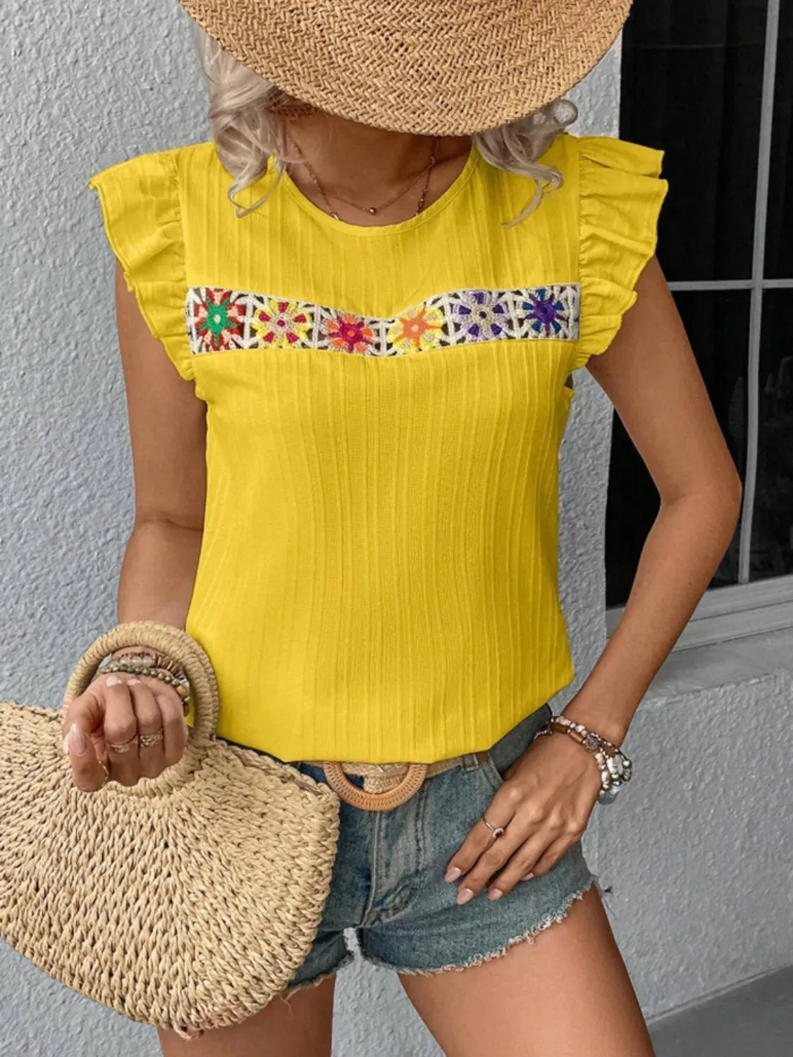 Ruffled Round Neck Cap Sleeve Blouse sold by Charming Charlie