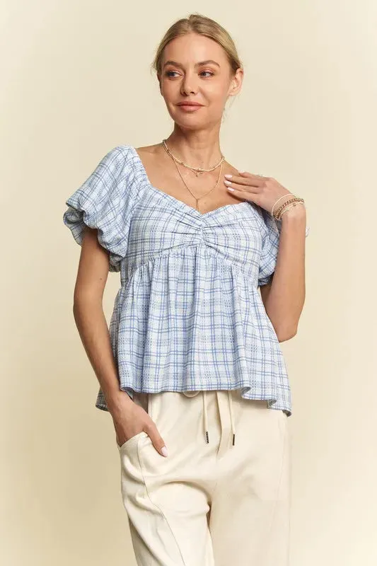 Davi & Dani Plaid Puff Sleeves Ruffled Smocked Blouse sold by Charming Charlie product image thumbnail 4