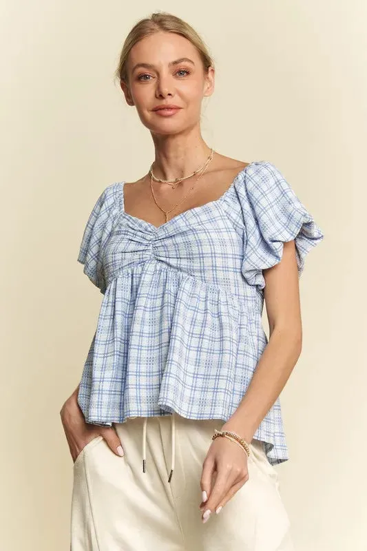 Davi & Dani Plaid Puff Sleeves Ruffled Smocked Blouse sold by Charming Charlie product image thumbnail 3