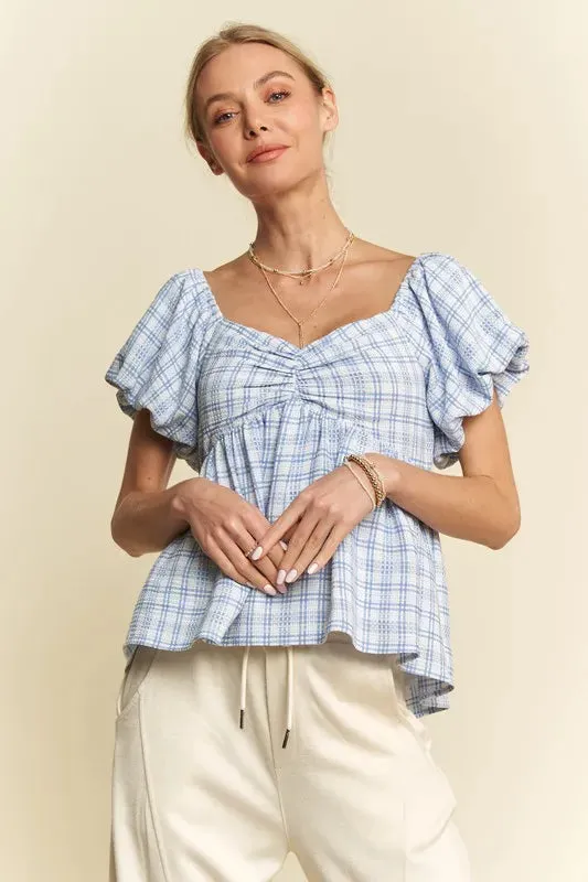 Davi & Dani Plaid Puff Sleeves Ruffled Smocked Blouse sold by Charming Charlie product image thumbnail 2