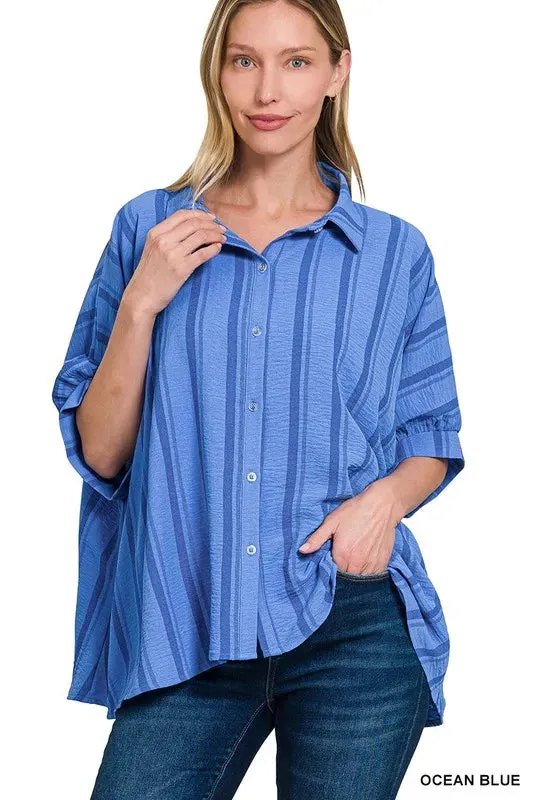 Zenana Woven Yarn-Dye Stripe Oversized Button Down Shirt sold by Charming Charlie product image thumbnail 4