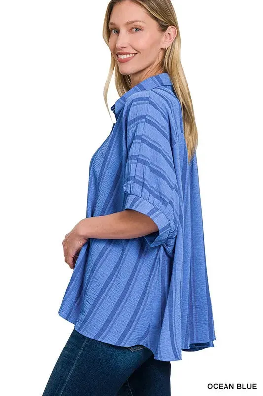 Zenana Woven Yarn-Dye Stripe Oversized Button Down Shirt sold by Charming Charlie product image thumbnail 2