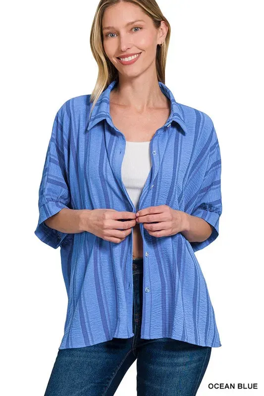 Zenana Woven Yarn-Dye Stripe Oversized Button Down Shirt sold by Charming Charlie
