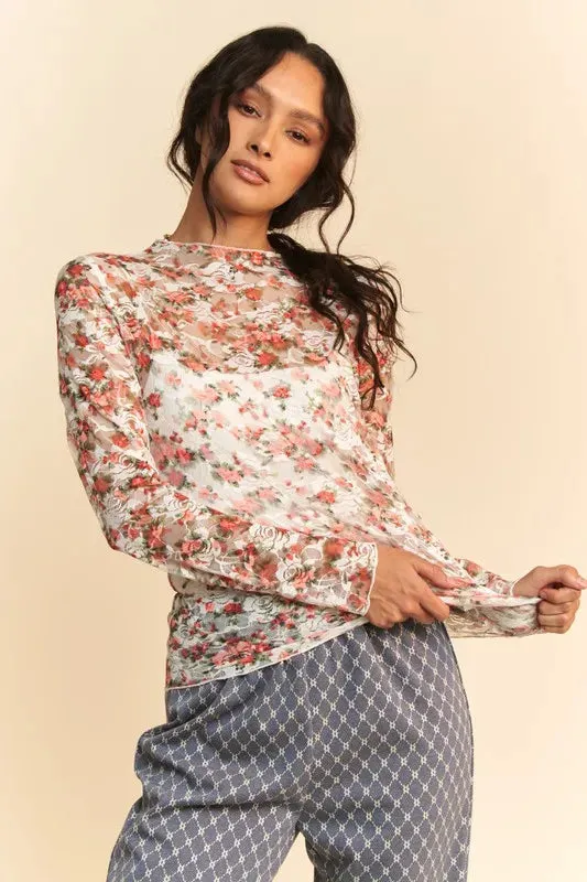 Davi & Dani Floral Print Mesh Long Sleeve Layering Top sold by Charming Charlie