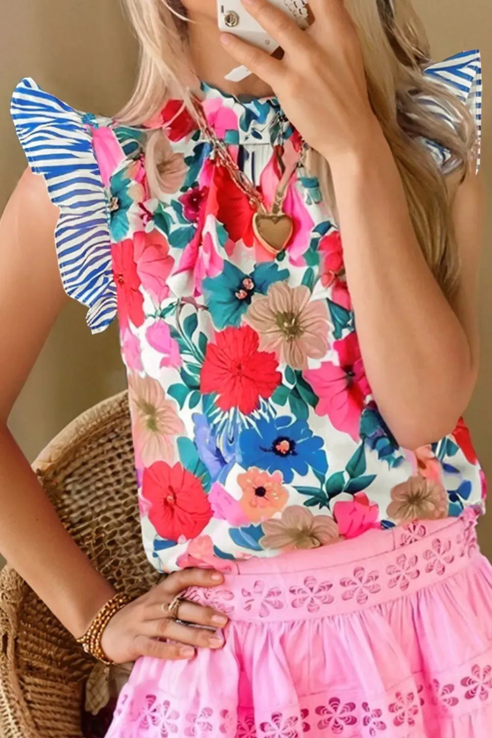 Floral Mock Neck Striped Cap Sleeve Blouse sold by Charming Charlie product image thumbnail 2