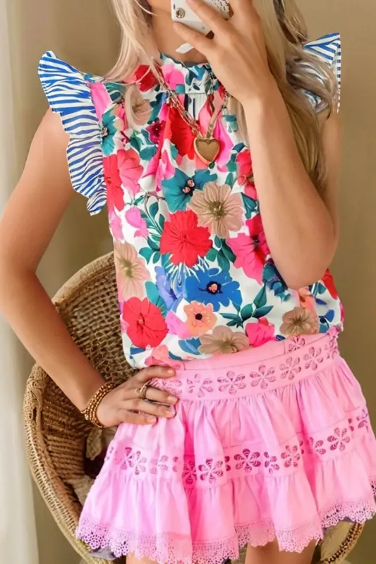 Floral Mock Neck Striped Cap Sleeve Blouse sold by Charming Charlie