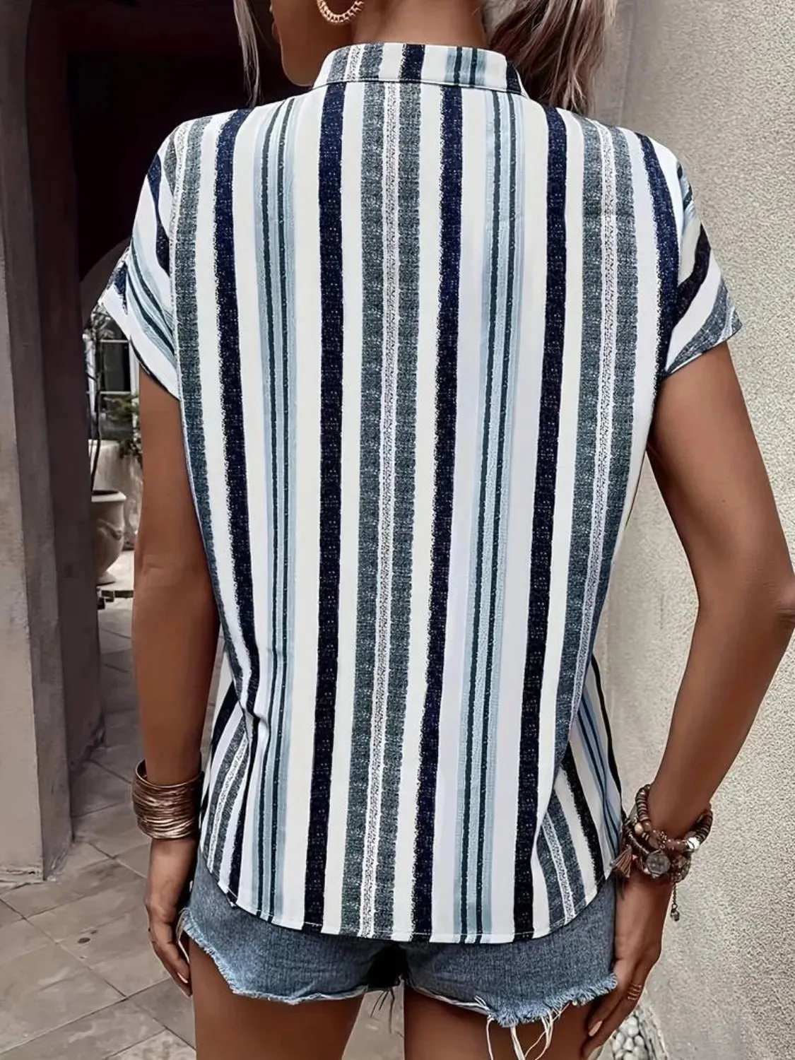 Striped Notched Short Sleeve Shirt sold by Charming Charlie product image thumbnail 4