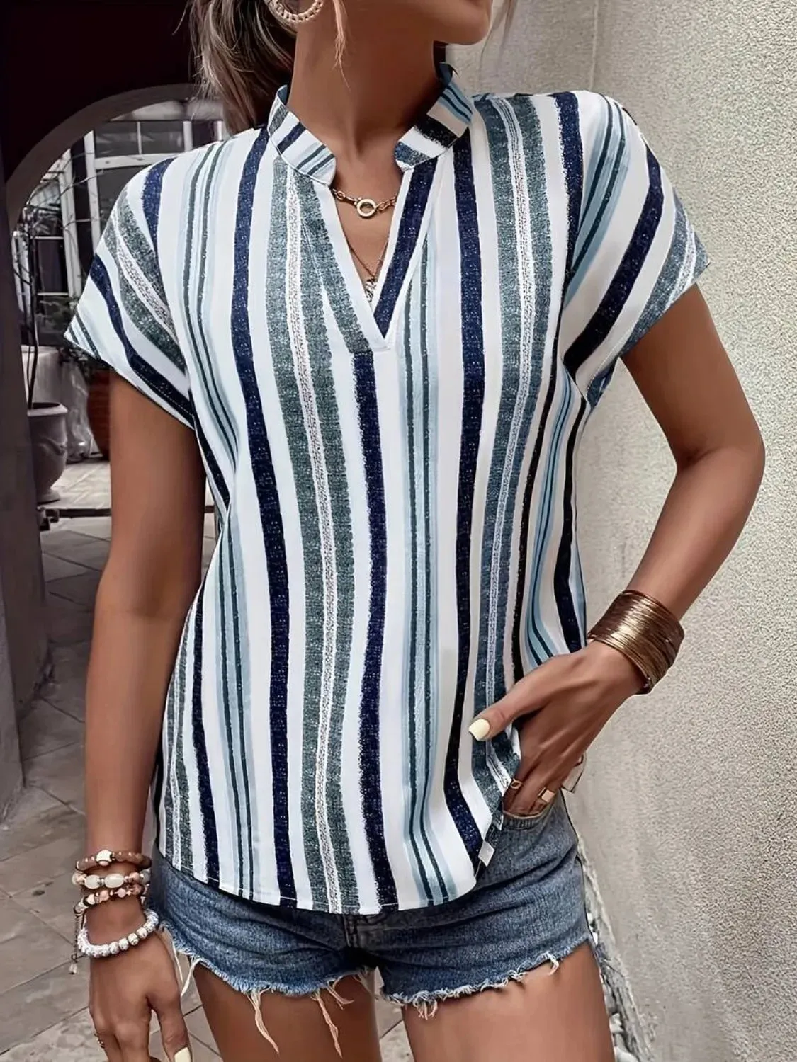 Striped Notched Short Sleeve Shirt sold by Charming Charlie product image thumbnail 3