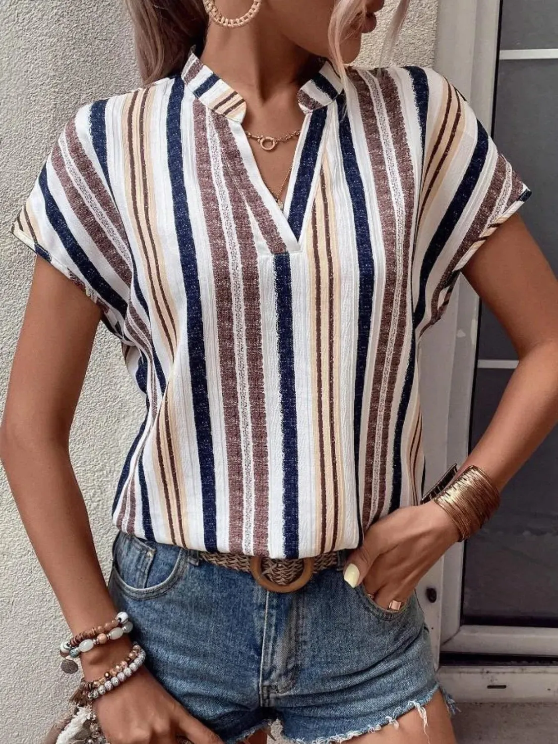 Striped Notched Short Sleeve Shirt sold by Charming Charlie product image thumbnail 5