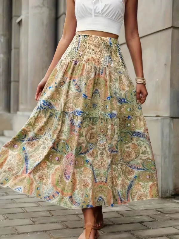 Smocked Printed High Waist Skirt sold by Charming Charlie