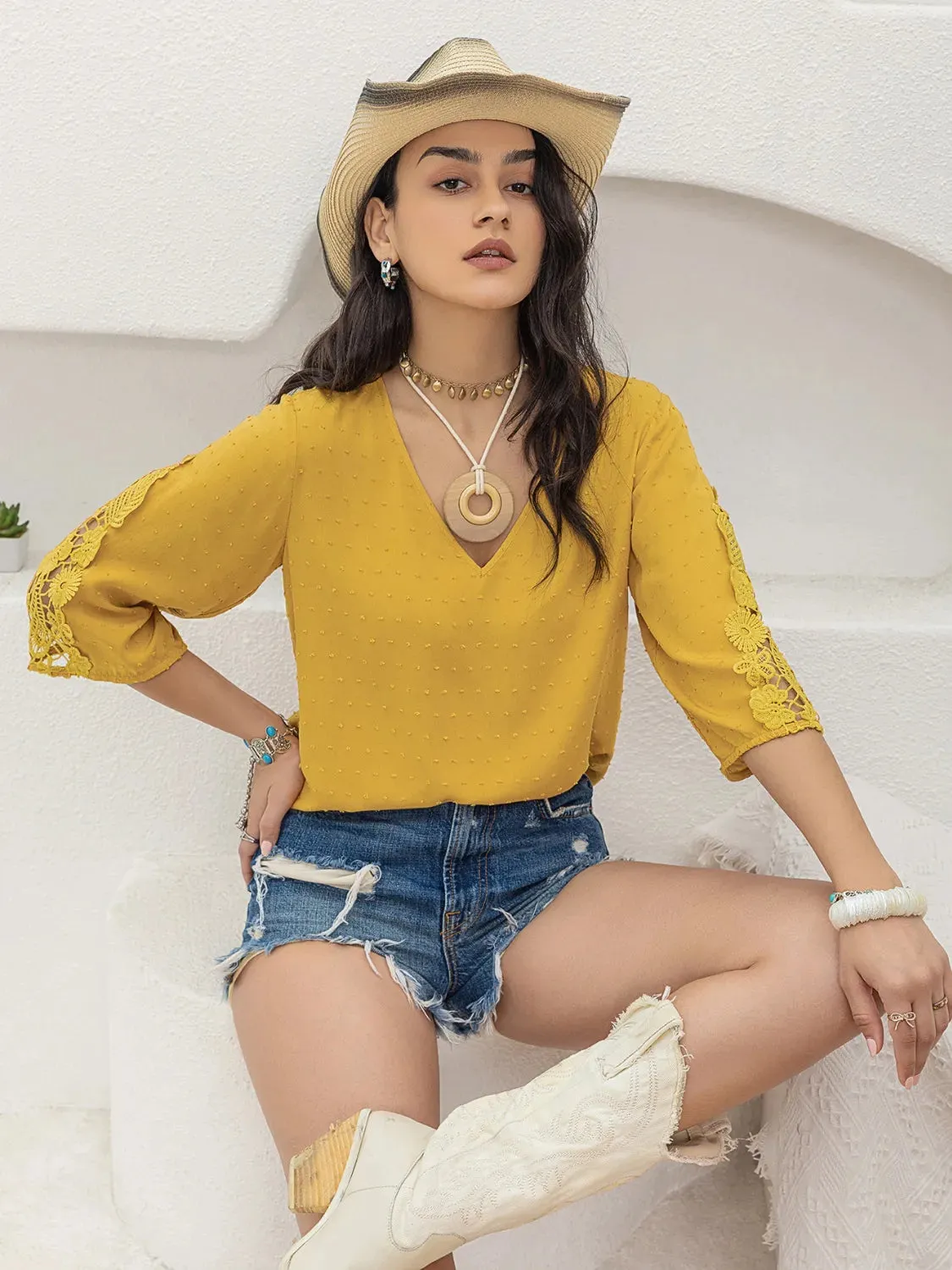 V-Neck Lace Three-Quarter Sleeve Top sold by Charming Charlie product image thumbnail 4