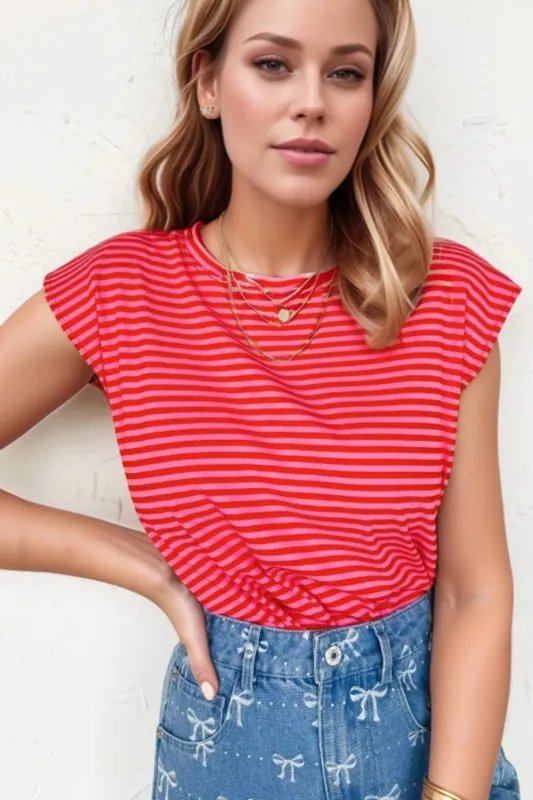 Stripe Ribbed Cap Sleeve Round Neck T Shirt sold by Charming Charlie