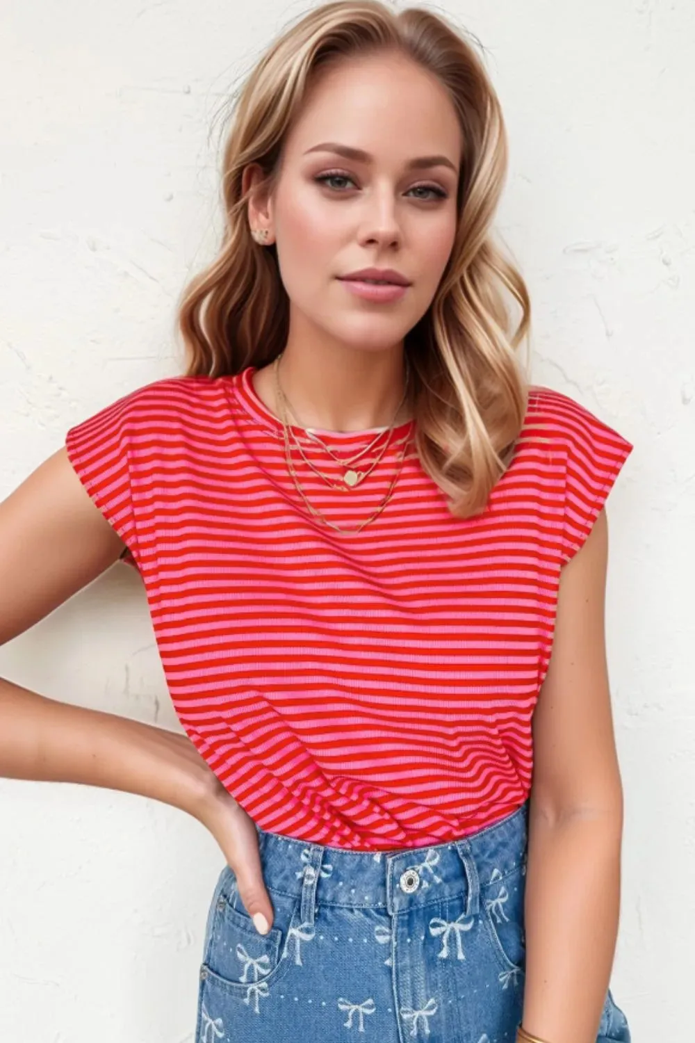 Stripe Ribbed Cap Sleeve Round Neck T Shirt sold by Charming Charlie product image thumbnail 2