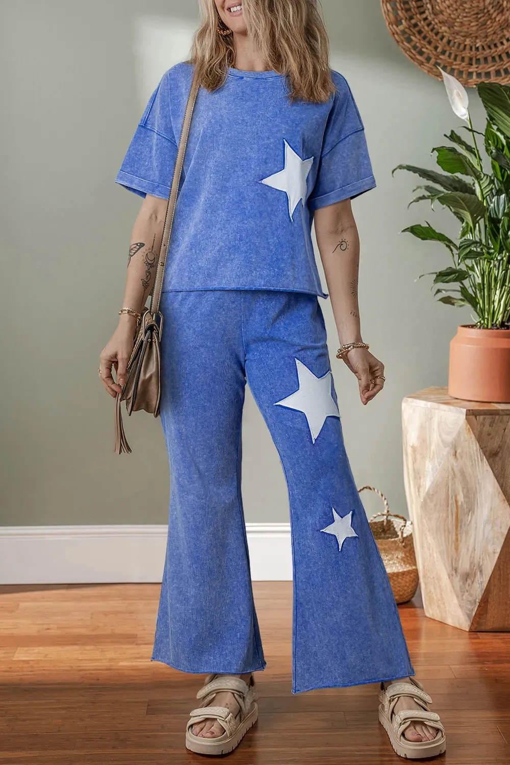 Acid Wash Star Patched Rolled Trim Top and Pants Set sold by Charming Charlie