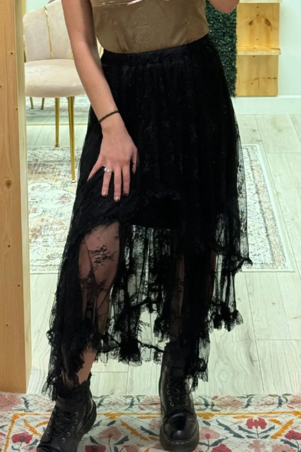 Elastic Waist Asymmetrical Lace Skirt sold by Charming Charlie product image thumbnail 4