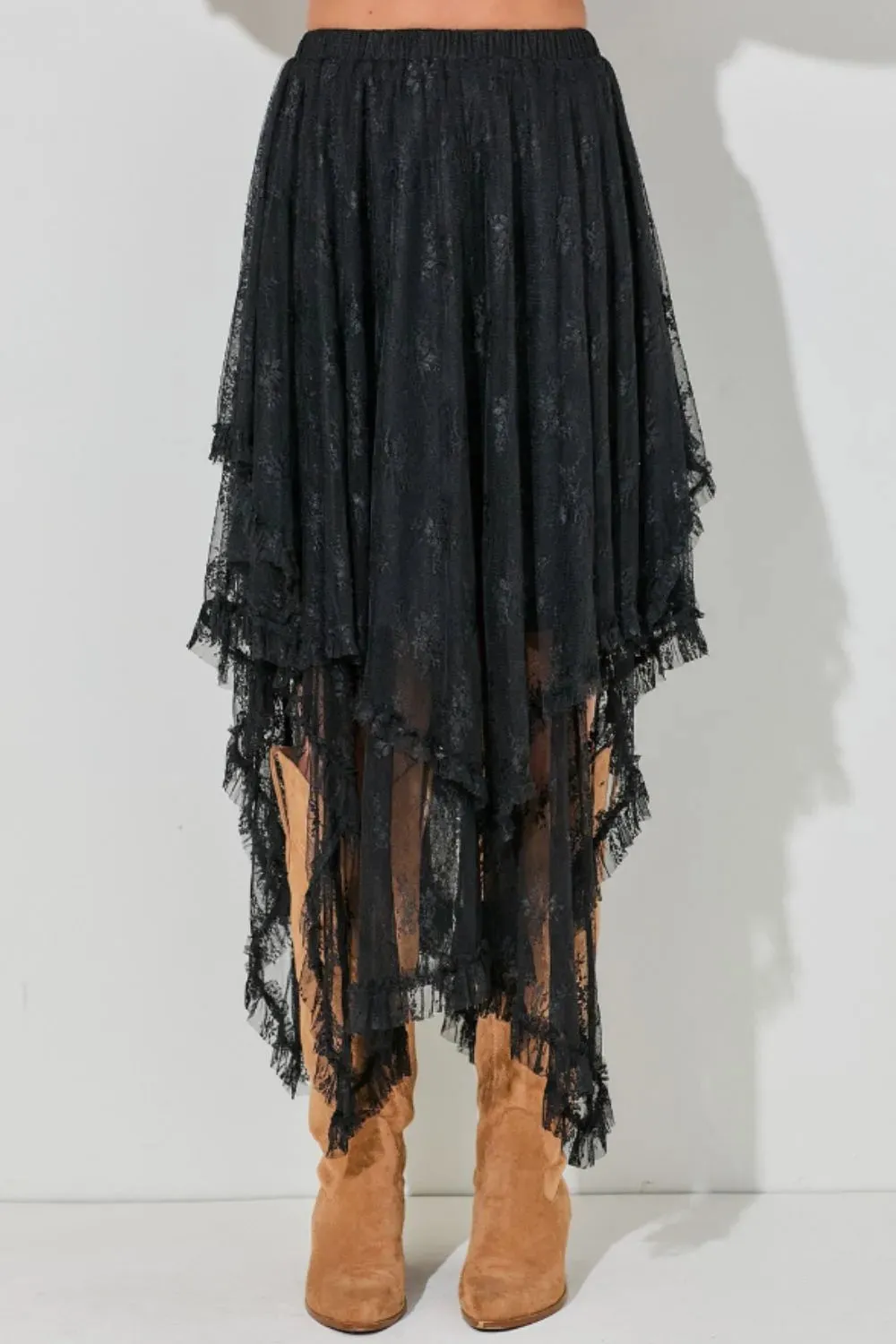 Elastic Waist Asymmetrical Lace Skirt sold by Charming Charlie