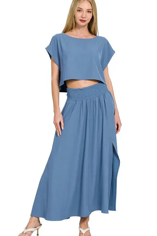 Zenana Heavy Woven Span Crop Tee & Skirt Set sold by Charming Charlie