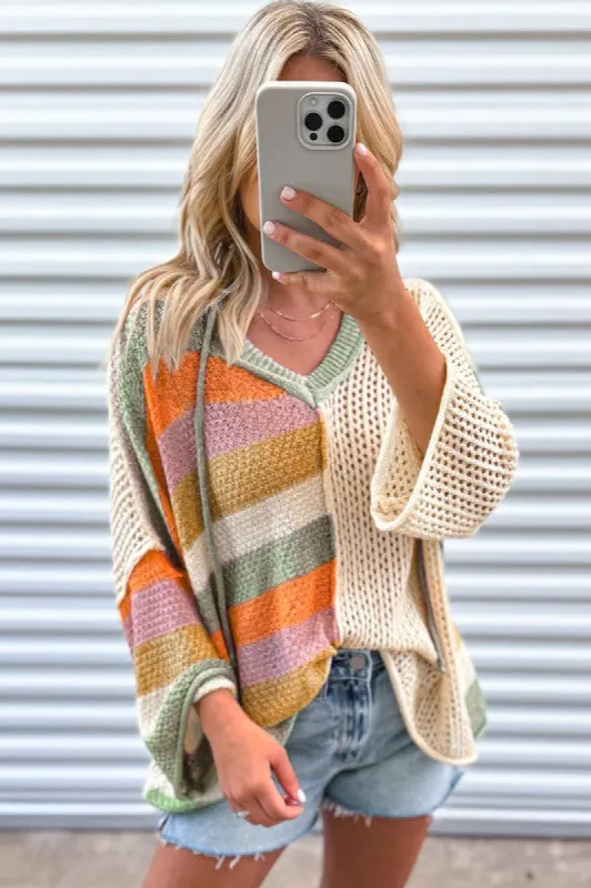 Women Oversized Colorblock V Neck Hooded Sweater sold by Charming Charlie